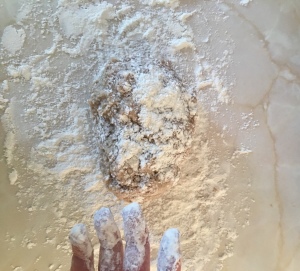 Beaver Tail dough on floured work surface ready to be kneaded.