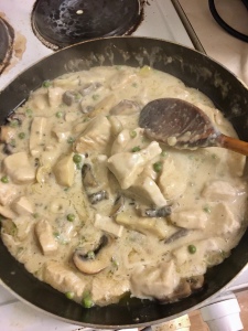 Finished turkey blanquette in a frying pan
